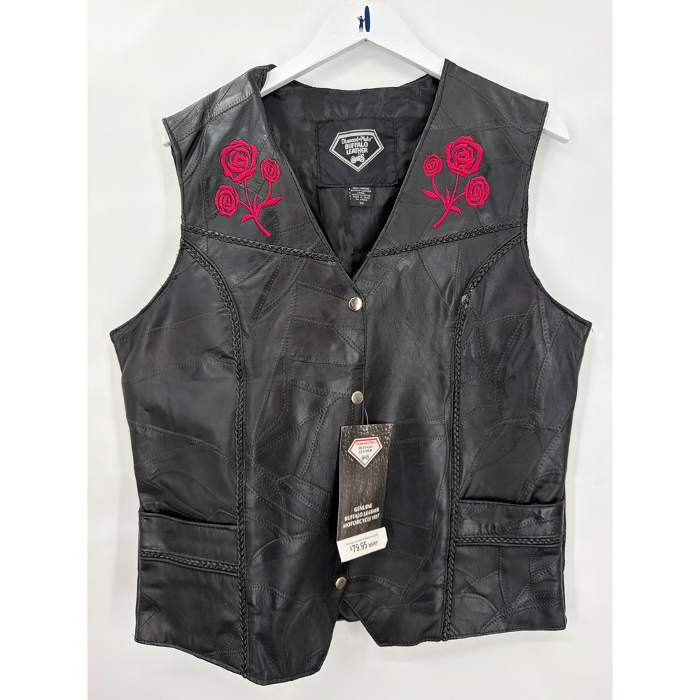 Diamond Plate Buffalo Leather Motorcycle Vest Black Rose Embroidered 2X
